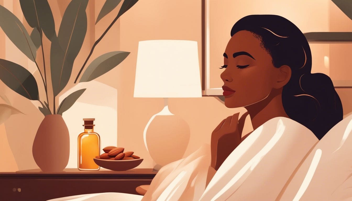 Een vrouw brengt amandelolie aan op haar gezicht in haar slaapkamer.