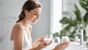Een vrouw brengt Biotherm dagcrème aan in een moderne badkamer.