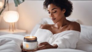 Een vrouw brengt zachtjes dag- en nachtcrème aan op haar droge huid.