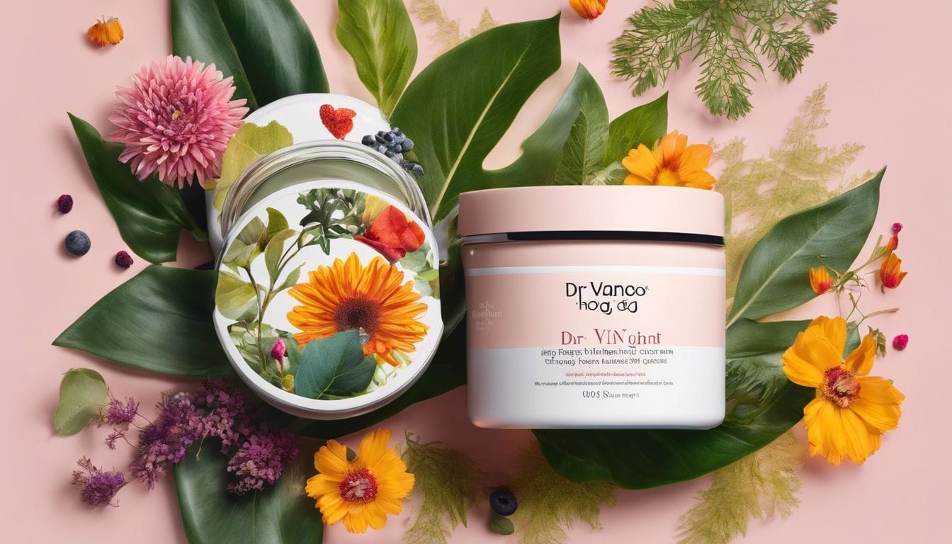 Een potje Dr. van der Hoog dag- en nachtcrème omringd door botanische ingrediënten en natuurfoto's.