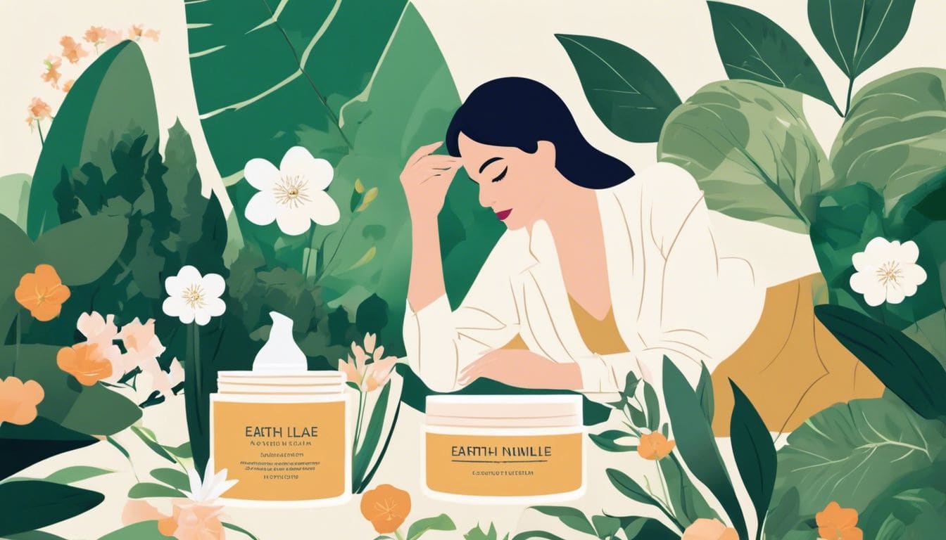 Een vrouw brengt Earth Line's Dag en Nacht Crème aan in een rustige tuin vol bloemen en groen.