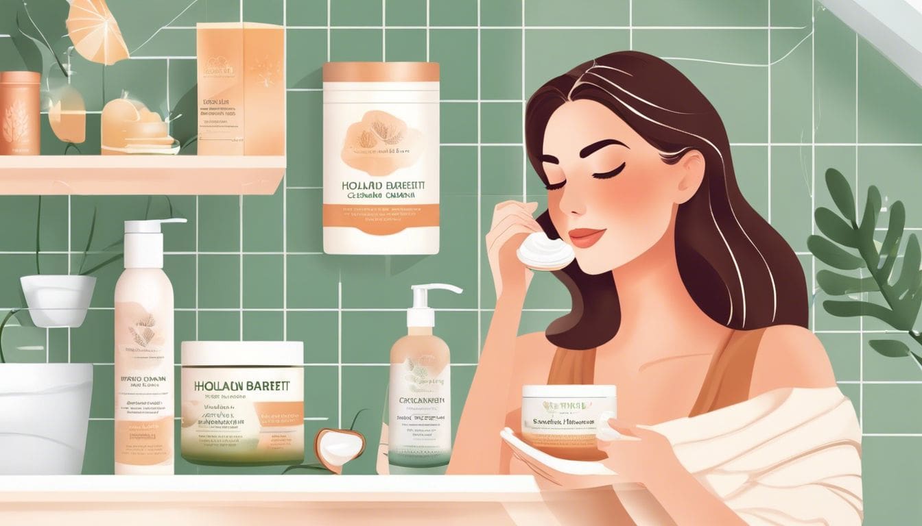 Een vrouw brengt Holland & Barrett dag- en nachtcrème aan in een gezellige badkamer.