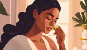 Een vrouw brengt jojoba olie aan op haar gezicht voor het slapengaan.