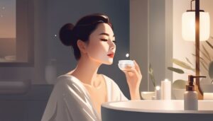 Een vrouw brengt Koreaanse nachtcrème aan in een luxe badkamer.