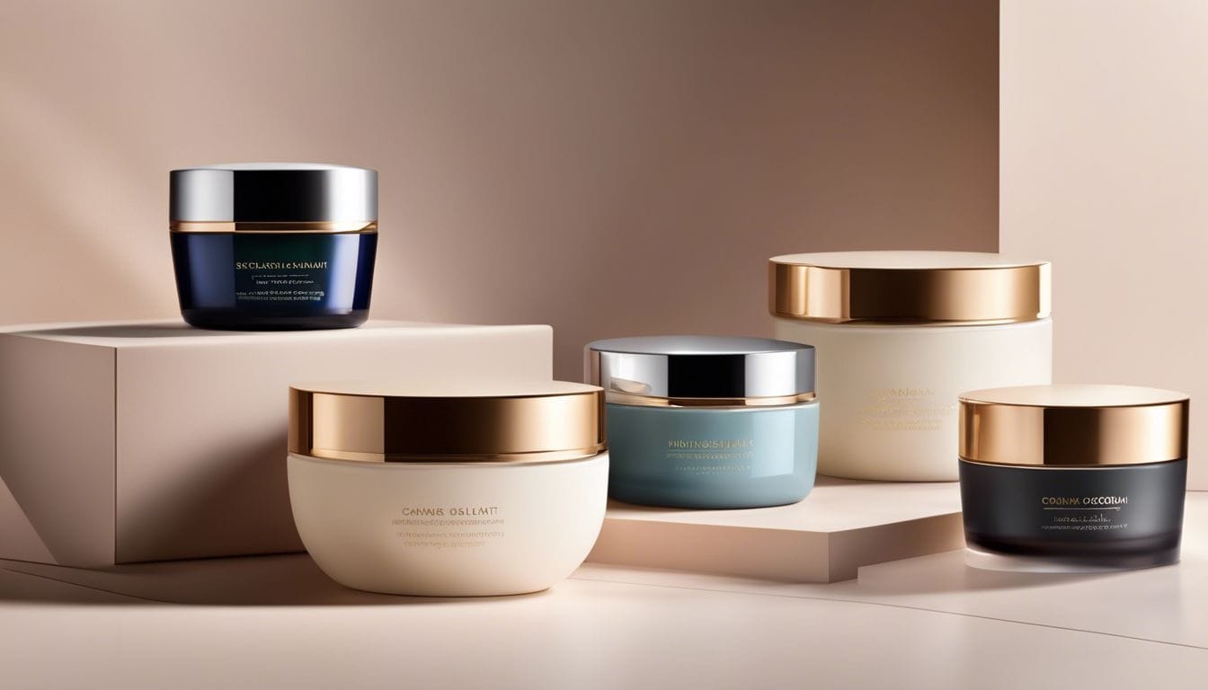 Een set dag- en nachtgezichtscrèmes op een modern toilettafel.