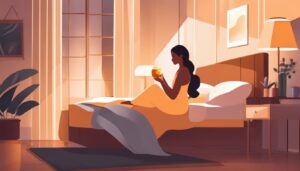 Een vrouw brengt rustgevende honing nachtcrème aan in haar slaapkamer.