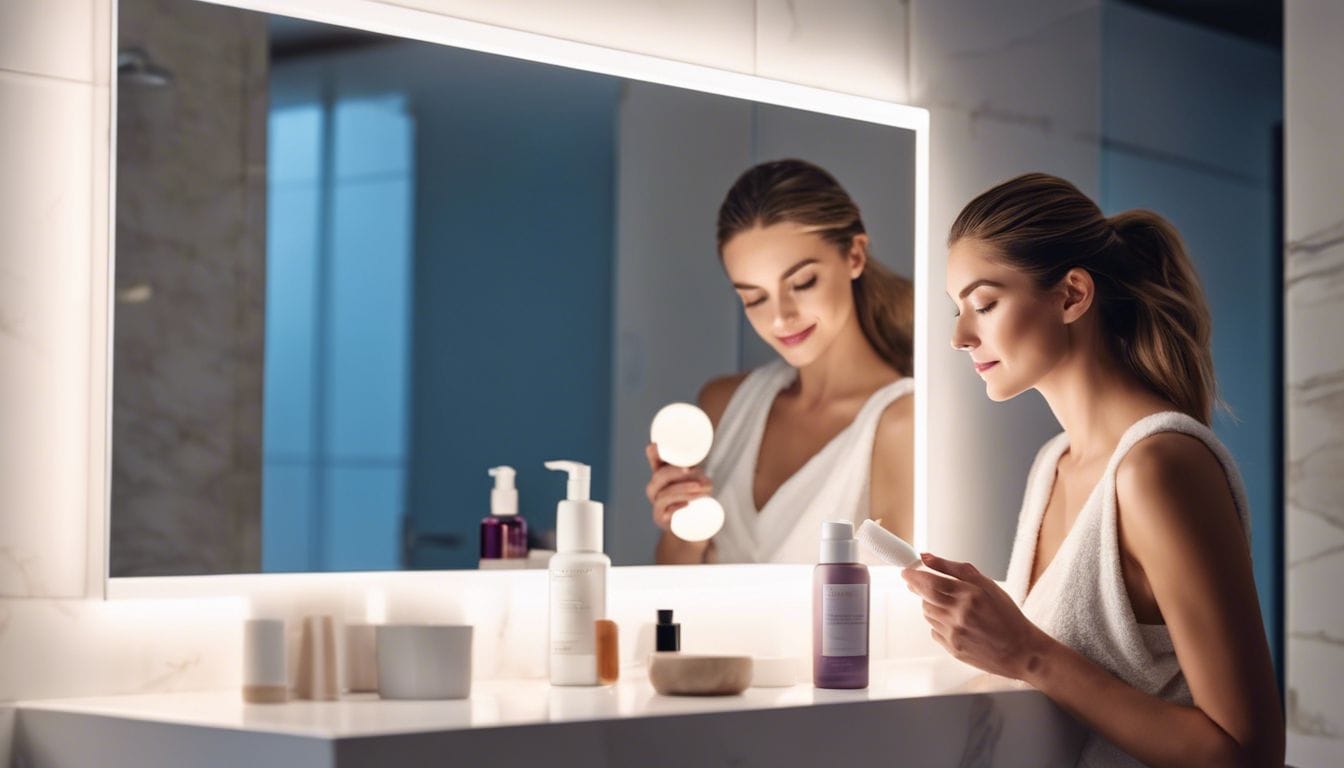 Een vrouw brengt nachtcrème aan na het scrubben in een moderne badkamer.