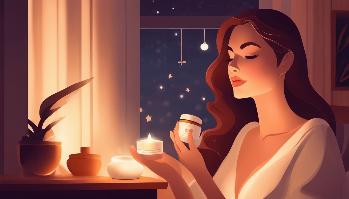 Een vrouw brengt sheaboter nachtcrème aan op haar gezicht in de slaapkamer.