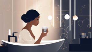 Een vrouw brengt nachtcrème aan in een moderne, minimalistische badkamer.