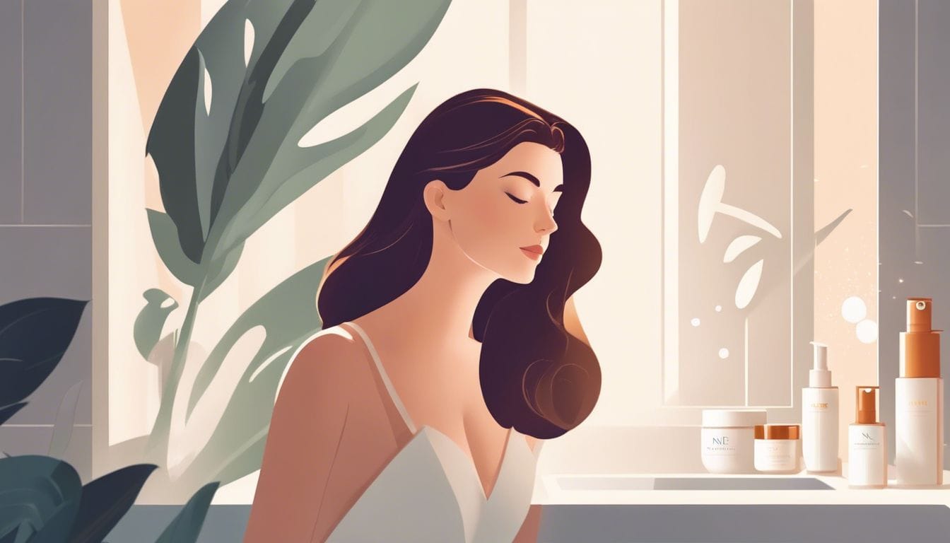 Een jonge vrouw past Naïf dag- en nachtcrème toe in een minimalistische badkamer.