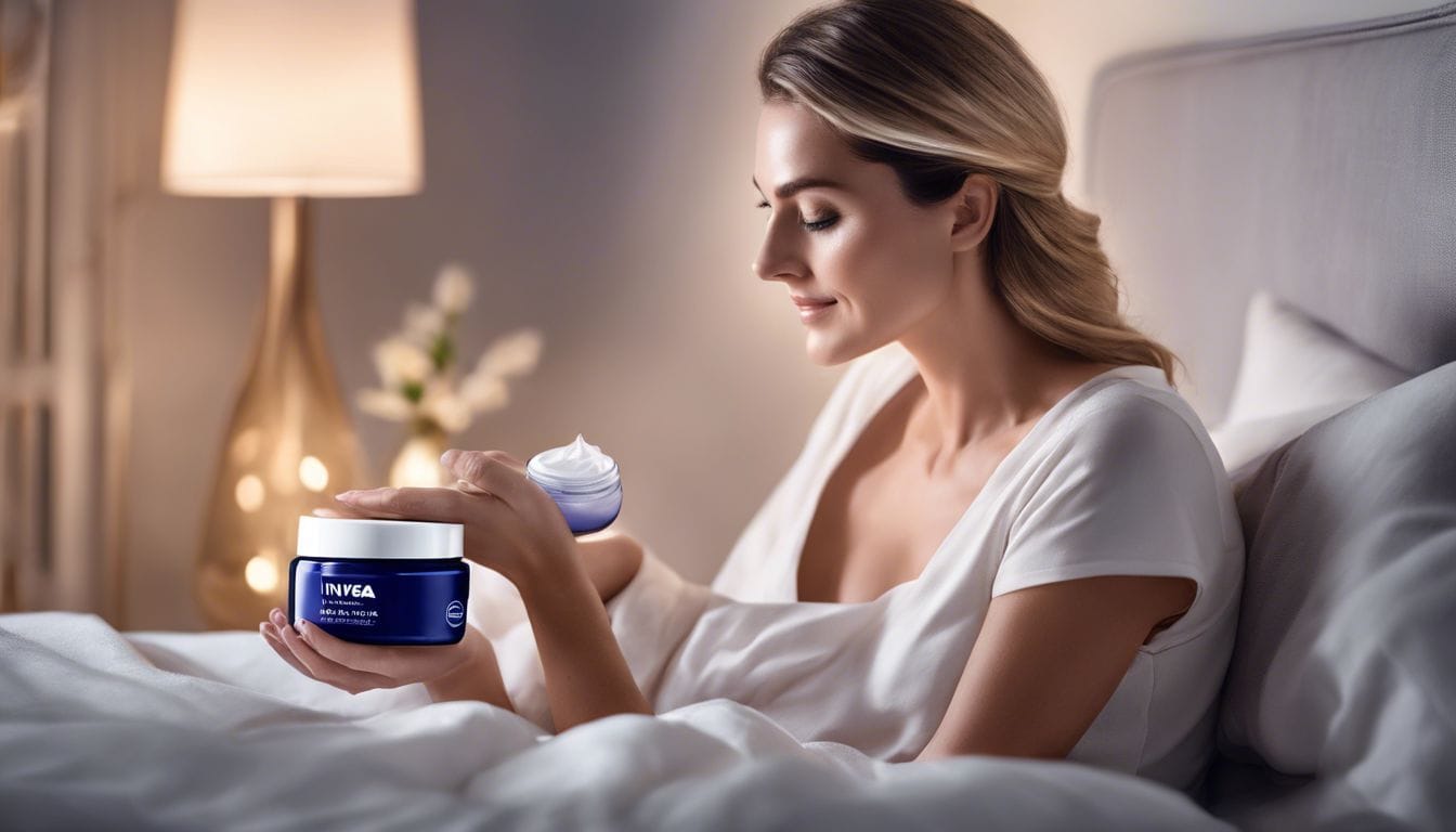 Een vrouw gebruikt Nivea Anti Age Night Cream in een rustige slaapkamer.
