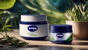 Een tafel met Nivea dag- en nachtcrème in een comfortabele slaapkamer.
