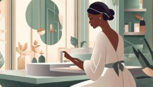 Een vrouw brengt voorzichtig dag- en nachtcrème aan in een luxueuze badkamer.