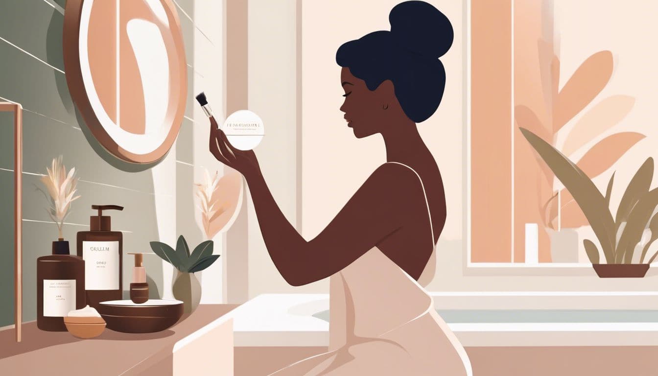 Een vrouw gebruikt Rituals dagcrème in moderne badkamer voor een luxe gevoel.