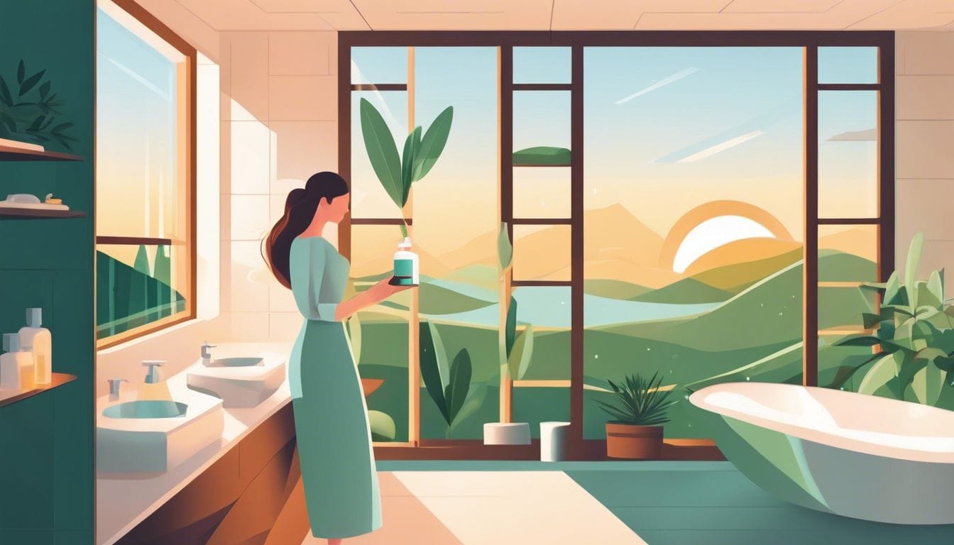 Een vrouw brengt tea tree dag- en nachtcrème aan in een minimalistische badkamer.