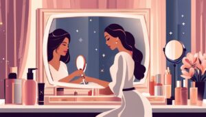 Een vrouw gebruikt luxe huidverzorgingsproducten voor een make-upspiegel.