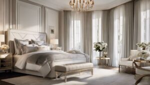 Een vrouw past Vichy nachtcrème toe in een weelderige slaapkamer.