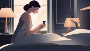 Een vrouw brengt nachtcrème aan op haar gezicht in een slaapkamer.