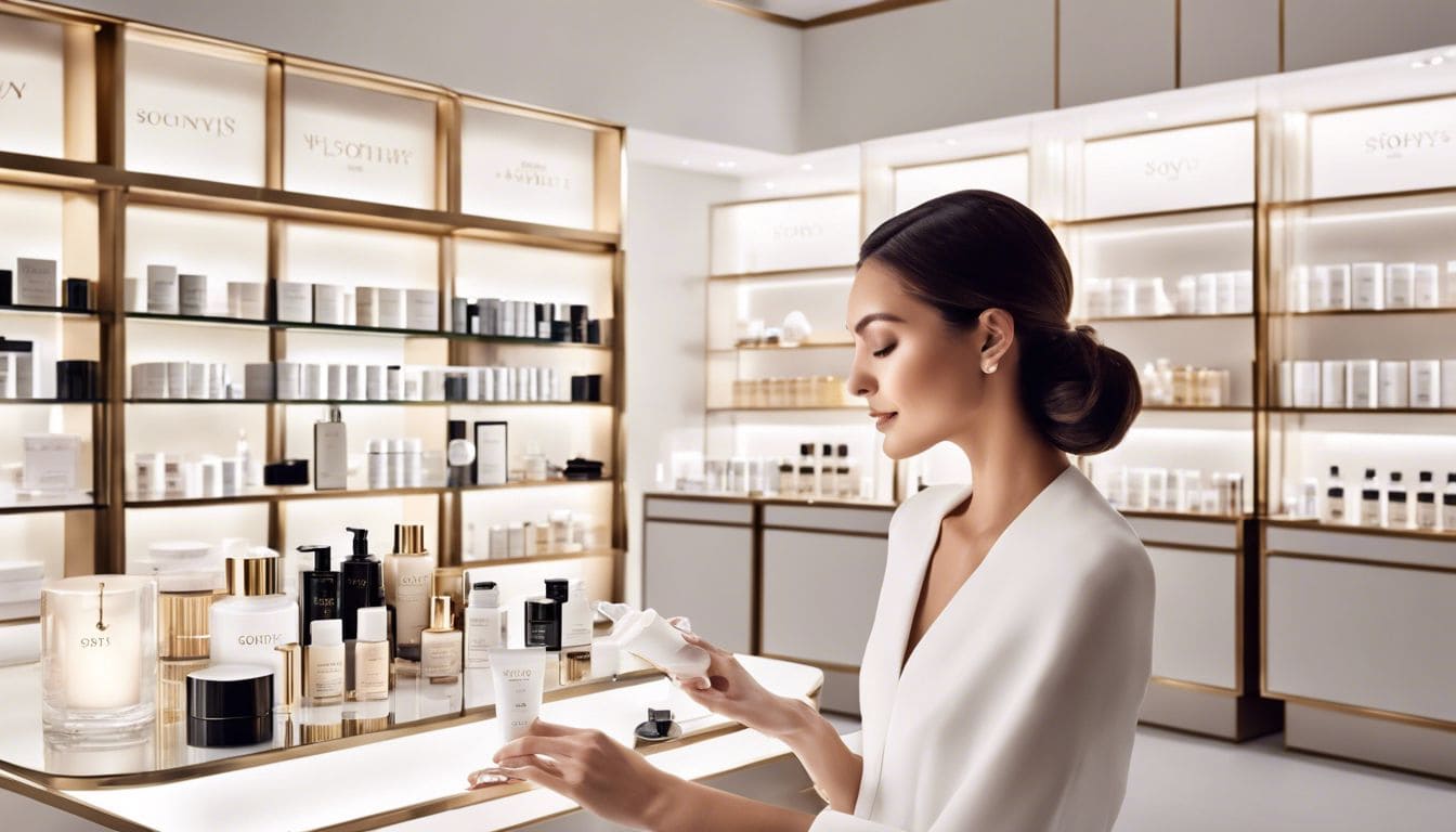 Een vrouw brengt Sothys dag- en nachtcrème aan in een luxe schoonheidssalon.