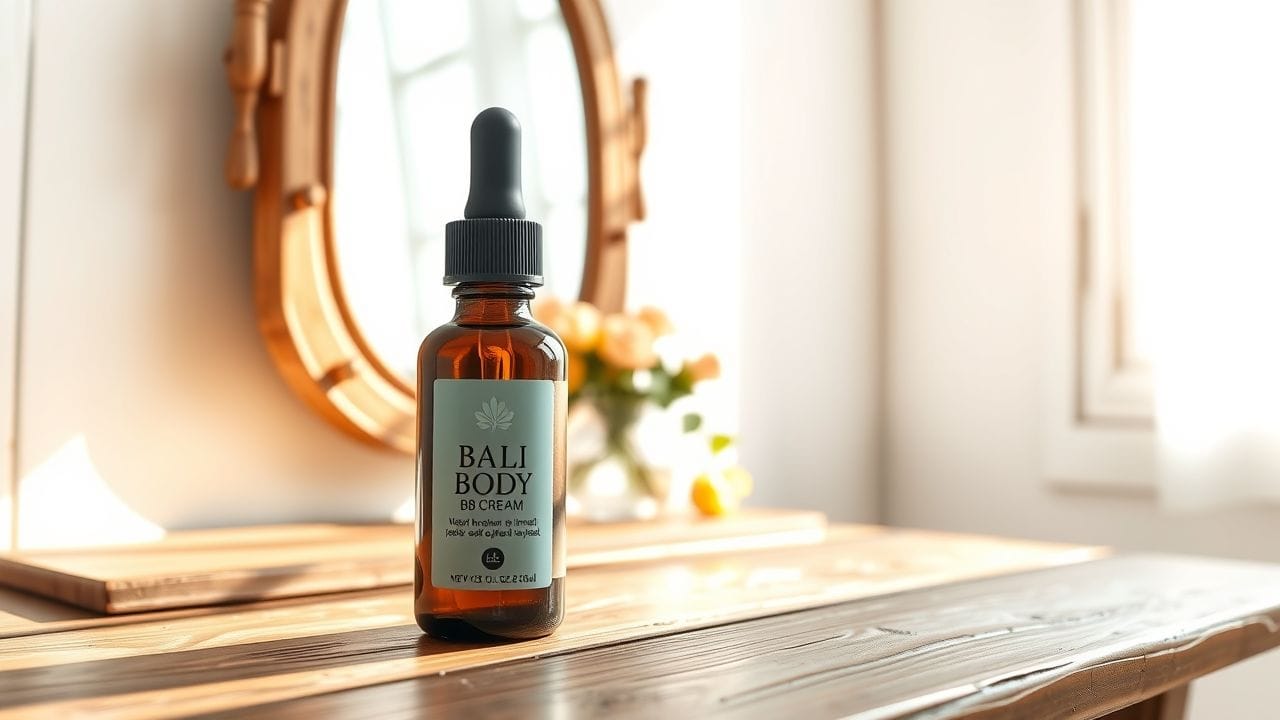 Een flesje Bali Body BB Cream op een houten kaptafel.