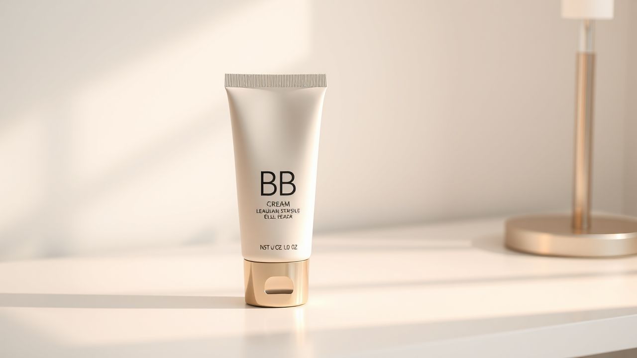 Een fles BB cream op een moderne make-uptafel in flat design.