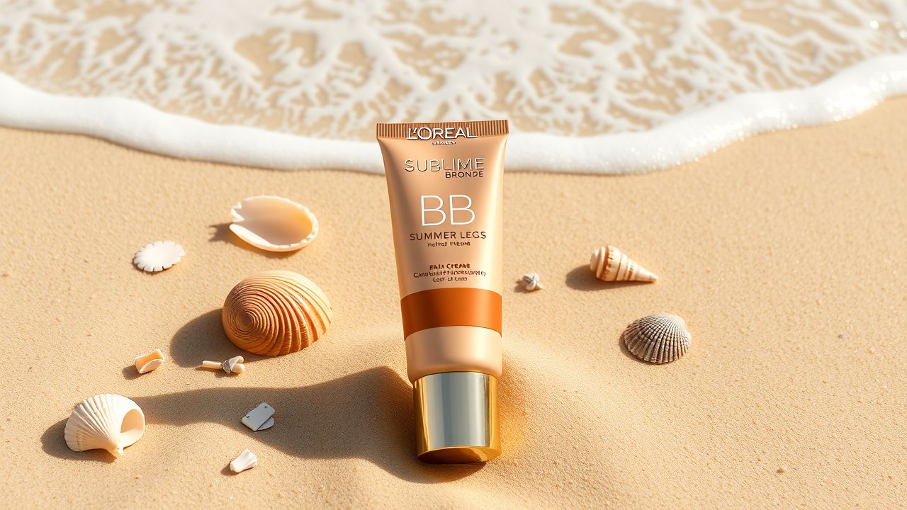 Een fles L'Oréal Sublime Bronze BB Summer Legs BB cream op een zandstrand.