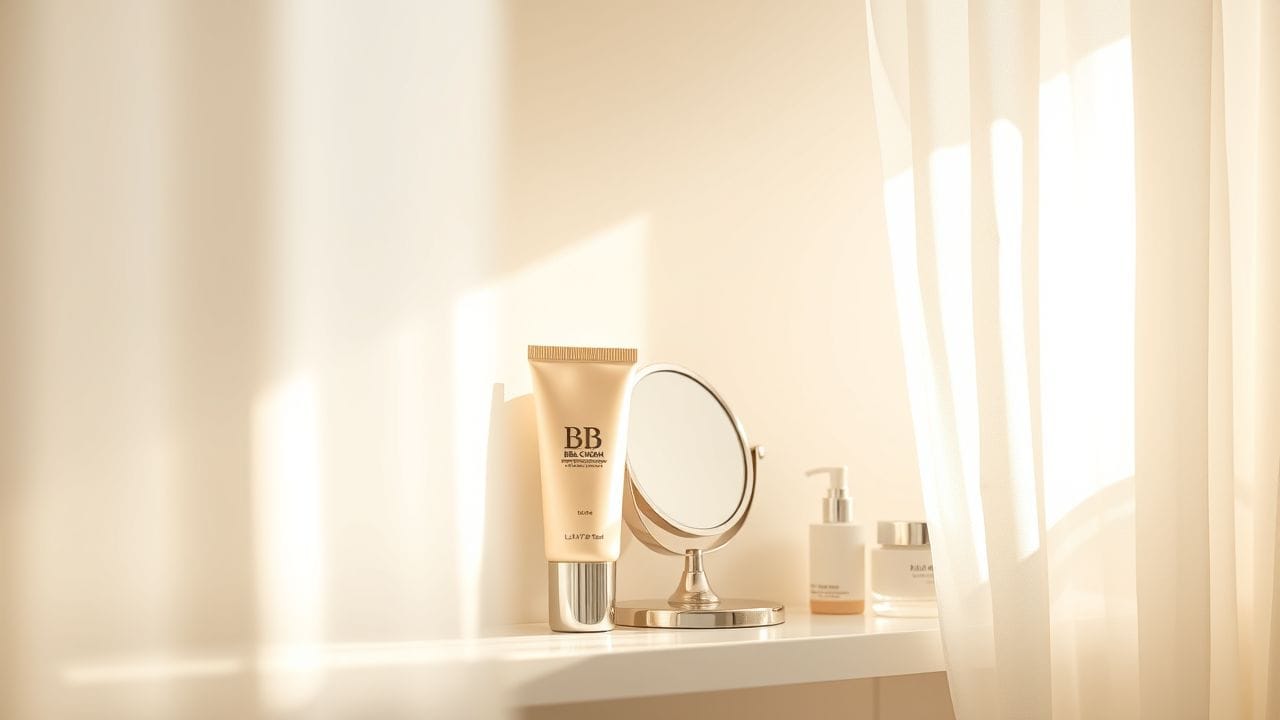 Eenvoudige, elegante badkamerplank met huidverzorgingsproducten en make-up.