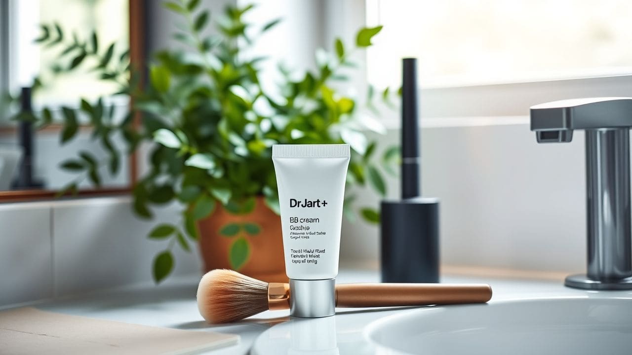 Een badkamer met Dr Jart+ BB cream en make-up kwast.