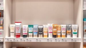 Een keurig georganiseerde display van BB creams in een Etos-winkel.