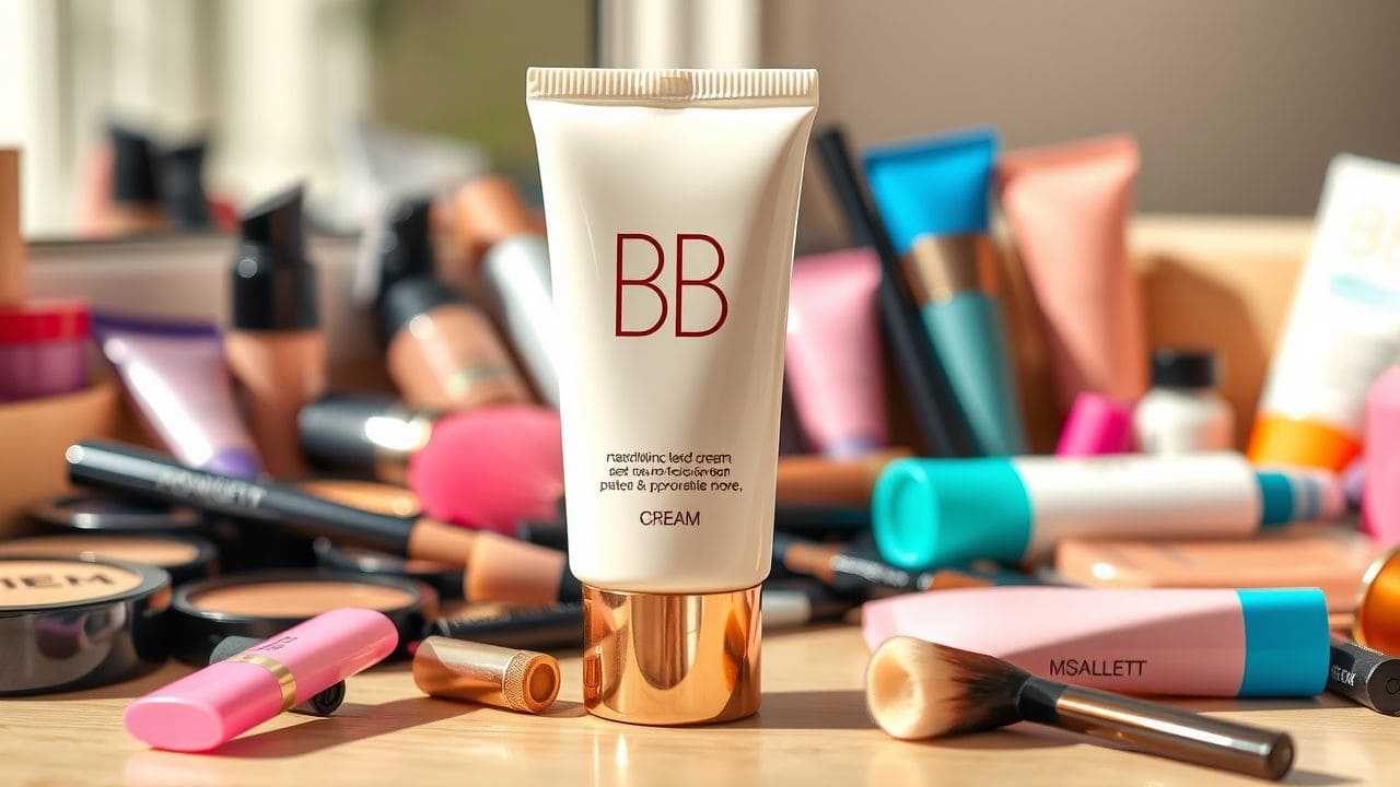 Een rommelige make-uptafel met BB-crème en andere cosmetica.
