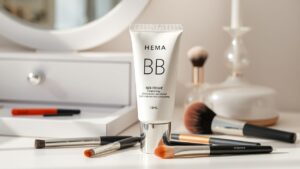 Een tube BB-crème van HEMA naast een make-uptafel met kwasten.