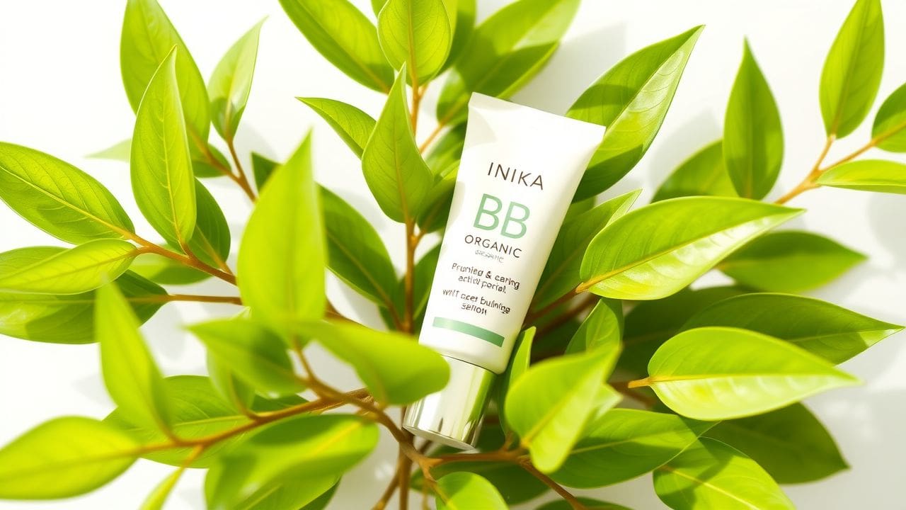 Een close-up van een Inika Organic BB Cream buisje tussen groene bladeren.