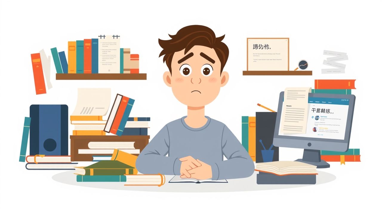 Een verwarde student studeert talen in een rommelige omgeving.