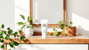 Een tube BB-crème op een houten kaptafel met groene planten.
