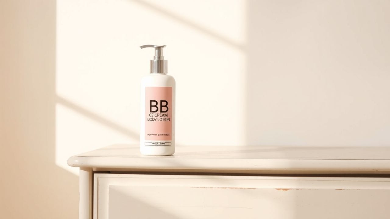 Een fles BB-crème bodylotion op een vintage dressoir.