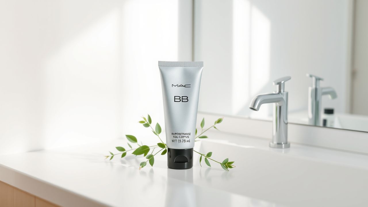 Een schone en minimalistische badkamer met natuurlijke accenten en make-up.