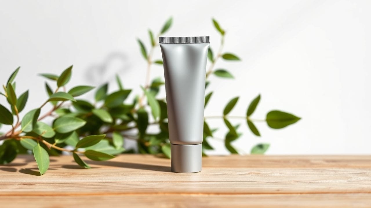 Een minimalistische afbeelding van een matte BB crème tube op een houten tafel.