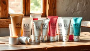Een verzameling goed gebruikte BB-crèmes op een rustieke tafel.