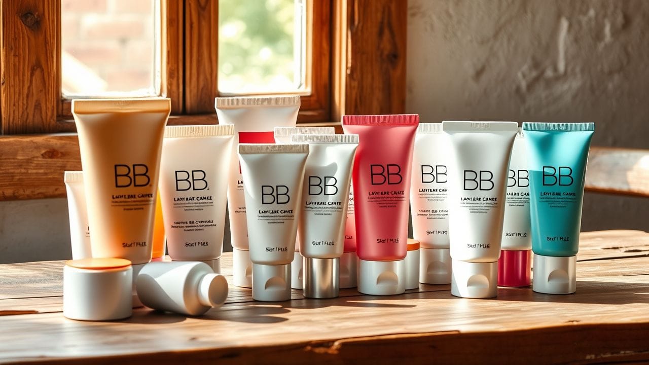 Een verzameling goed gebruikte BB-crèmes op een rustieke tafel.