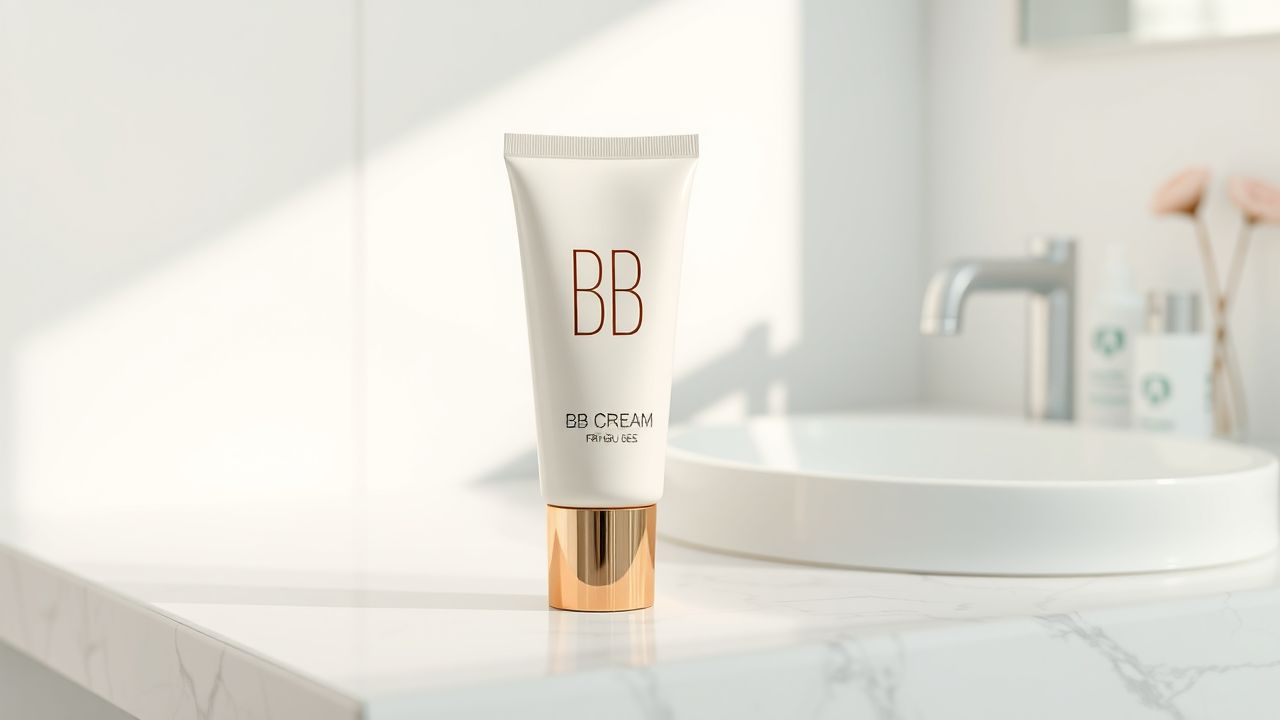 Een tube BB-cream op een marmeren kaptafel.