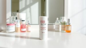 Een flesje BB Glow Cream en andere huidverzorgingsproducten op een make-uptafel.