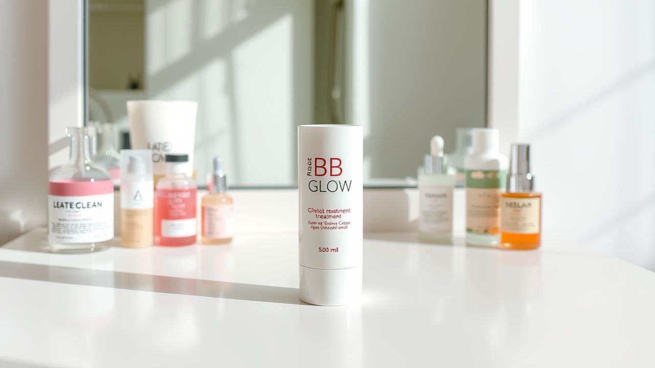 Een flesje BB Glow Cream en andere huidverzorgingsproducten op een make-uptafel.