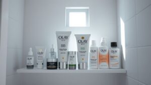 Een badkamer plank met diverse huidverzorgingsproducten, met de nadruk op Olay BB cream.