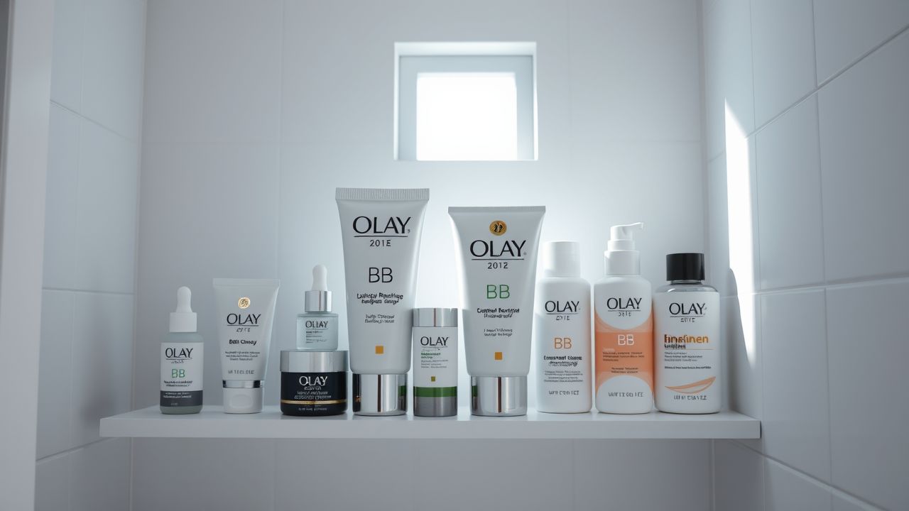 Een badkamer plank met diverse huidverzorgingsproducten, met de nadruk op Olay BB cream.