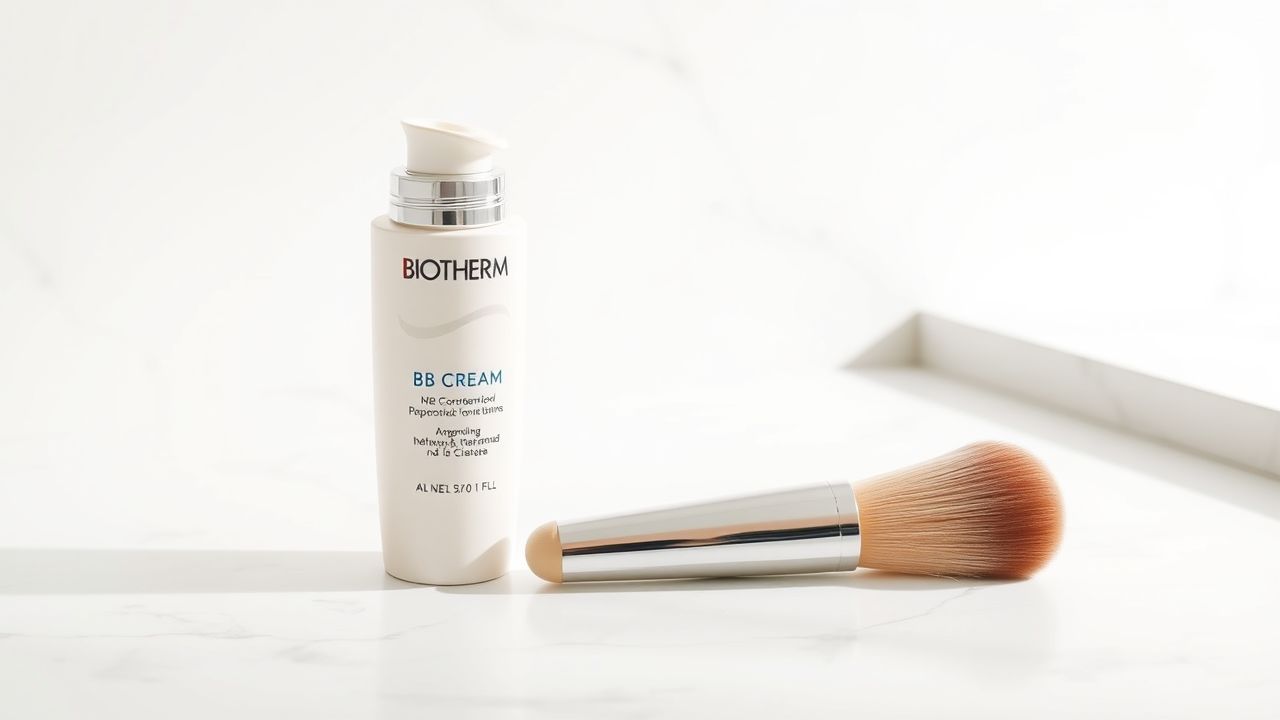 Een fles Biotherm BB Cream en een make-up kwast op een marmeren aanrecht.