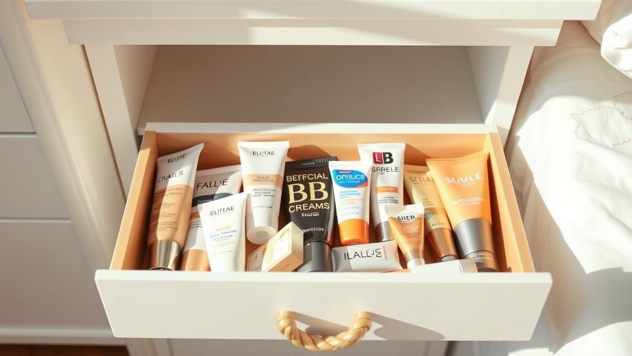 Een lade vol betaalbare BB-crèmes in een casual setting.