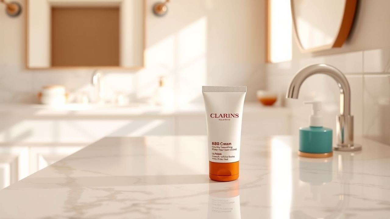 Een fles Clarins BB Cream staat op een marmeren aanrecht in een luxe badkamer.