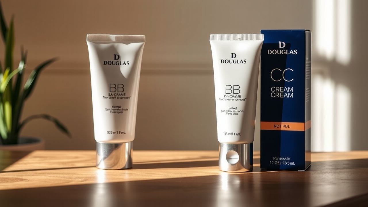 Twee tubes Douglas BB-cream en CC-cream op houten tafel.