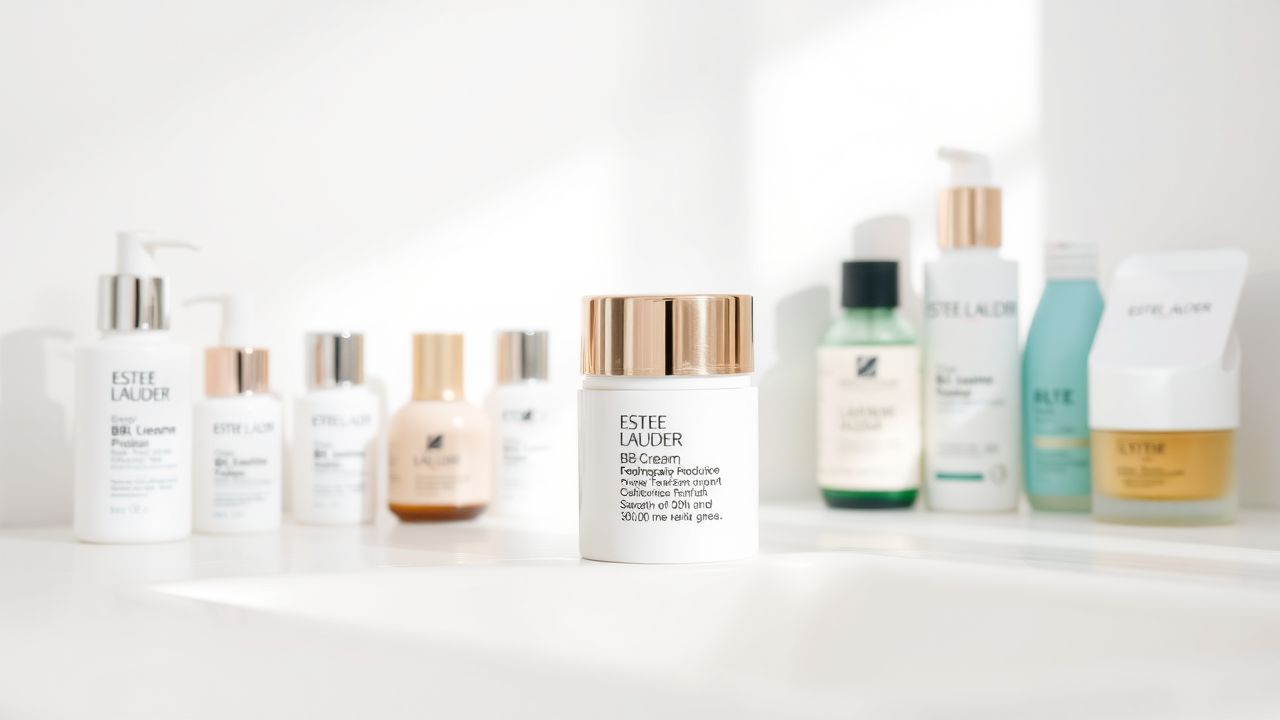 Een container van Estee Lauder BB cream op een badkamer aanrecht.