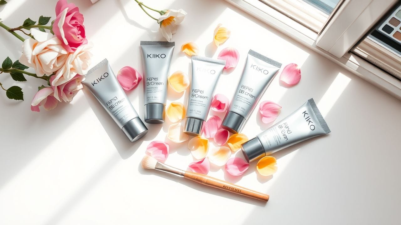 Een compositie van Kiko BB Cream tubes, bloemblaadjes en make-up borstel.